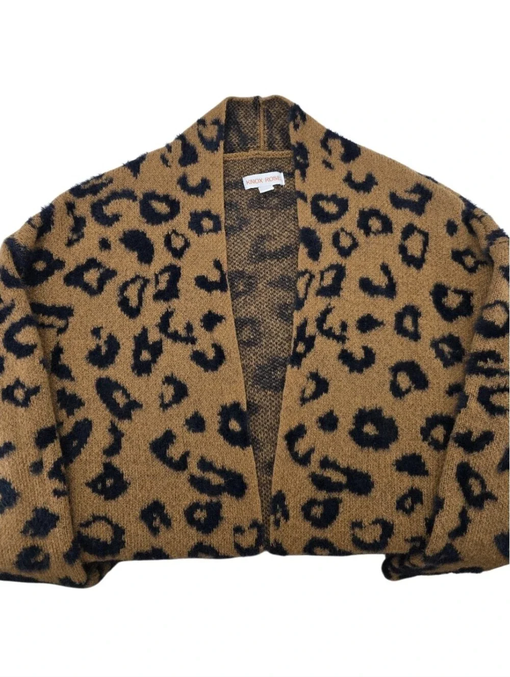 Knox Rose Leopard Open Front Fuzzy Soft Cardigan Women's Size Small Pockets